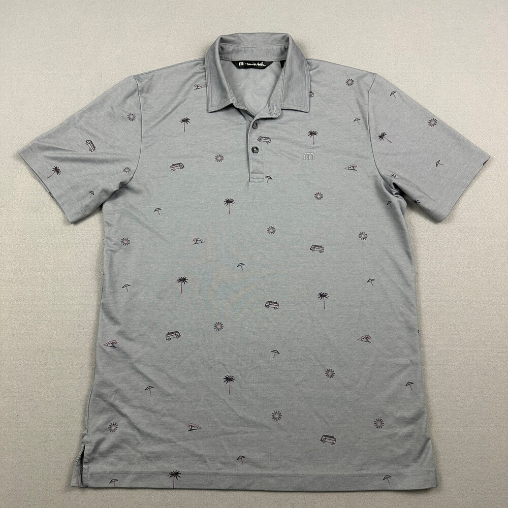 Travis Mathew Polo Shirt Men Medium Blue Bus Palm Tree Print Short Sleeve Golf M